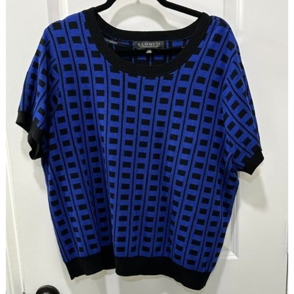 Eloquii Women's SZ 18/20 Blue Black Geometric Grid Print Sweater Short Sleeve